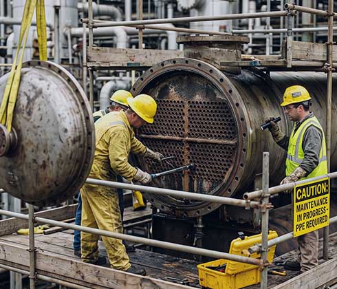 An opened heat exchanger or scaffolded process unit undergoing maintenance.