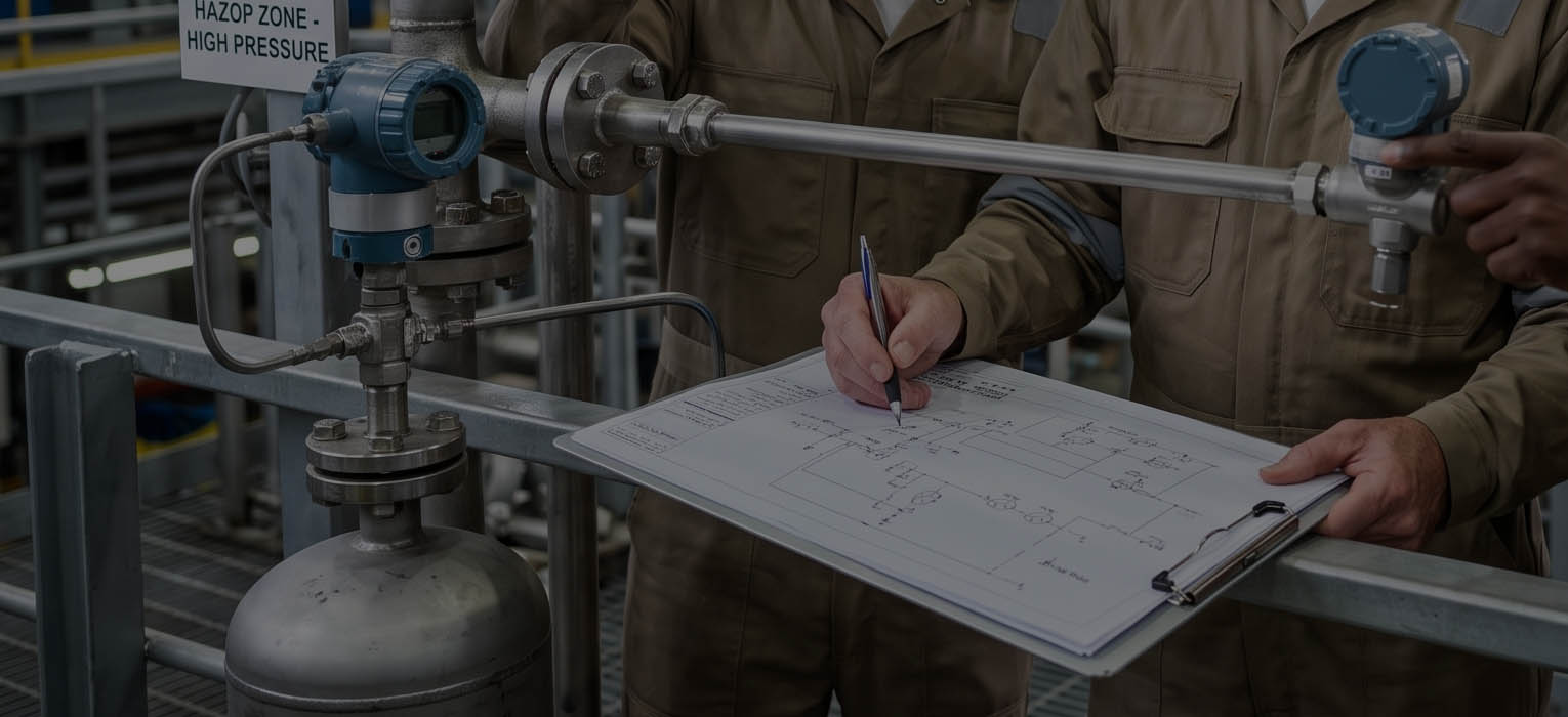 Engineers reviewing a piping and instrumentation diagram beside the equipment.