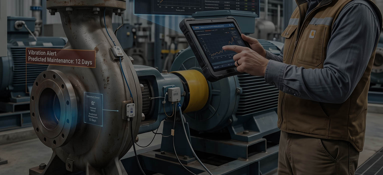 An engineer reviewing condition-monitoring data beside equipment.