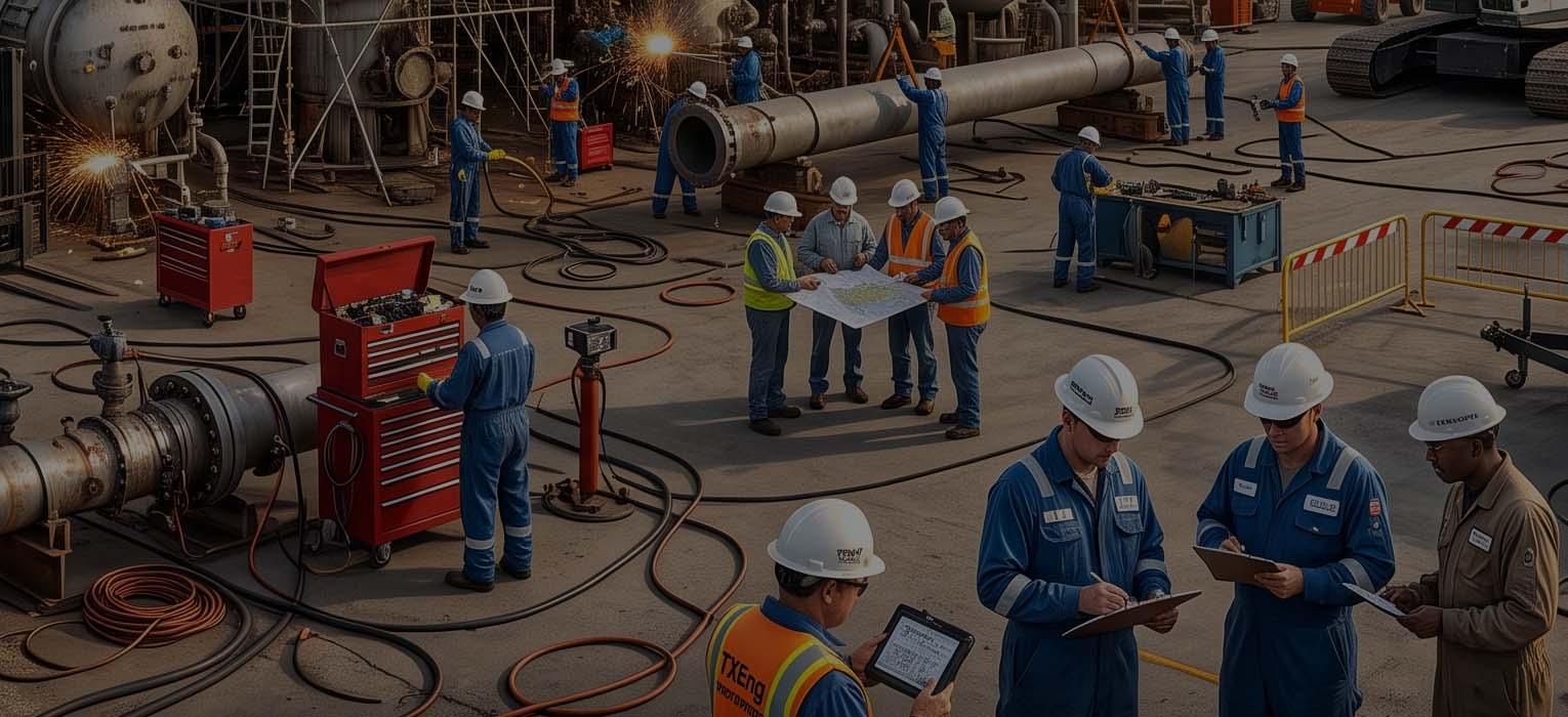 A wider shutdown scene showing maintenance crews, inspection work, scaffolding, and lifting equipment.