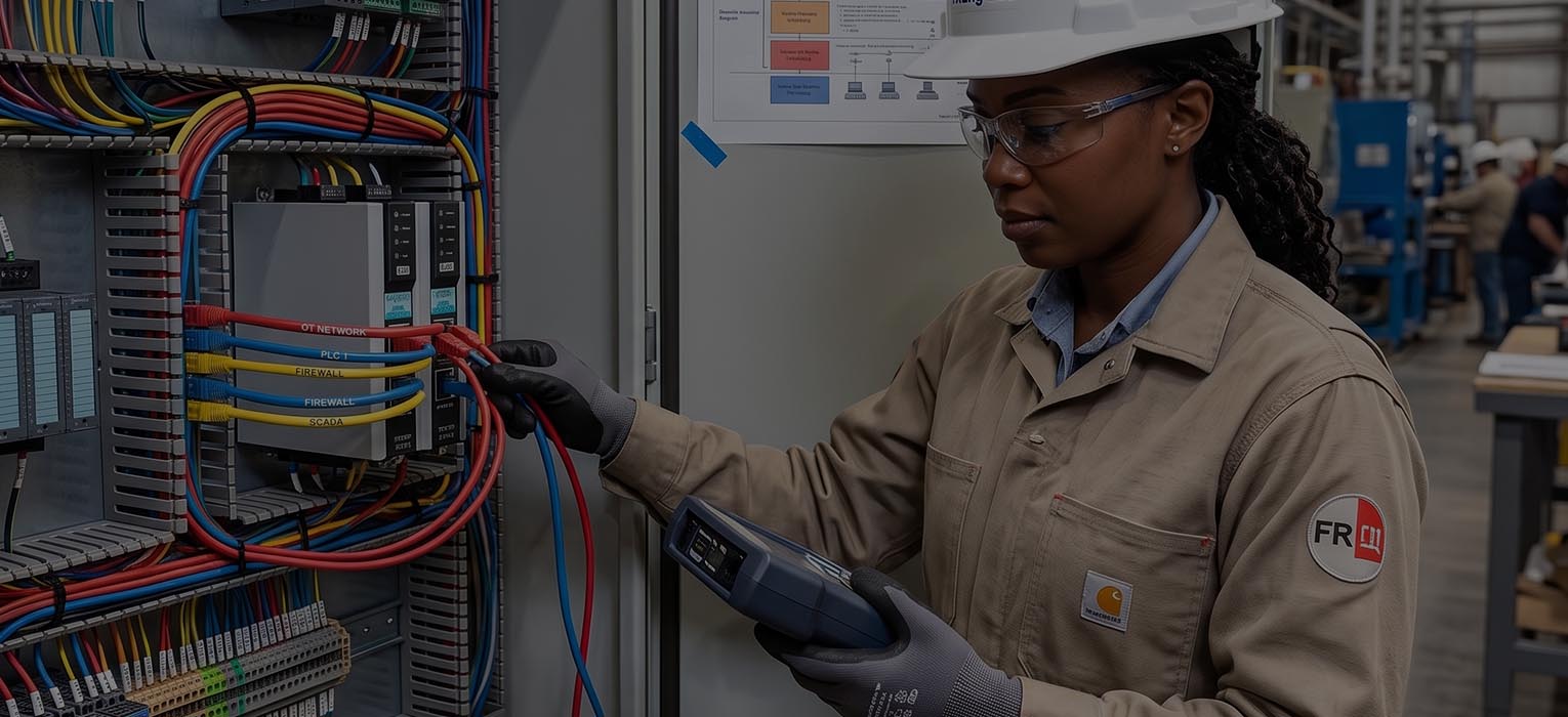 An engineer working with industrial networking or control-system equipment, with a plant environment visible.
