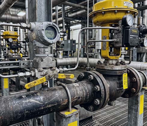 A close view of a pressure transmitter, flowmeter, or control valve installed on process piping.