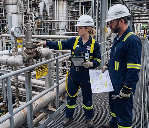 female process safety engineer inspecting a plant alongside a male engineer.
