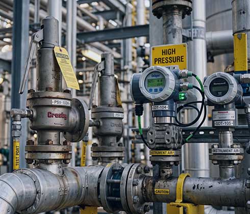a close-up shot of Safety valves or gas-detection equipment within an industrial process area, with an African American engineer