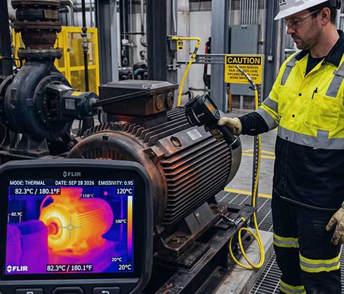 A thermal camera inspecting a motor, with the thermal display clearly visible.