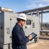 An engineer inspecting an industrial standby generator, with the plant’s utility systems visible behind it.