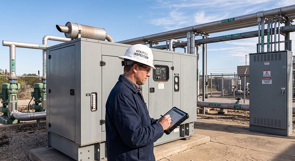 An engineer inspecting an industrial standby generator, with the plant’s utility systems visible behind it.