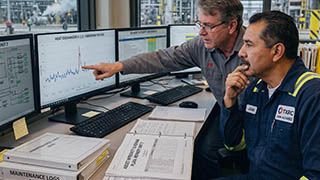 An engineering consultant and plant manager reviewing maintenance records, equipment performance trends, and a repair plan at a control-room desk.