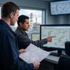 A photograph of a process engineer and a plant operator reviewing a control-system screen inside a petrochemical plant control room.