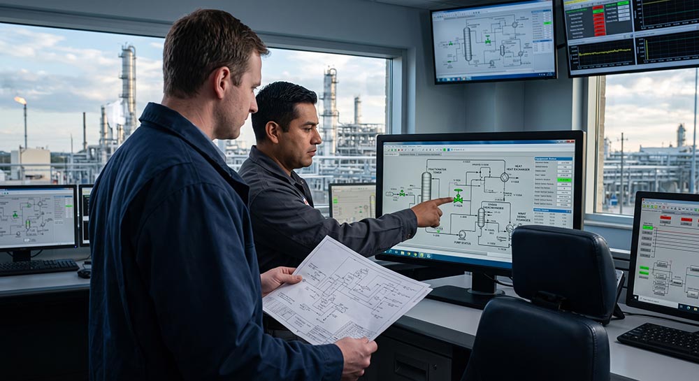 A photograph of a process engineer and a plant operator reviewing a control-system screen inside a petrochemical plant control room.