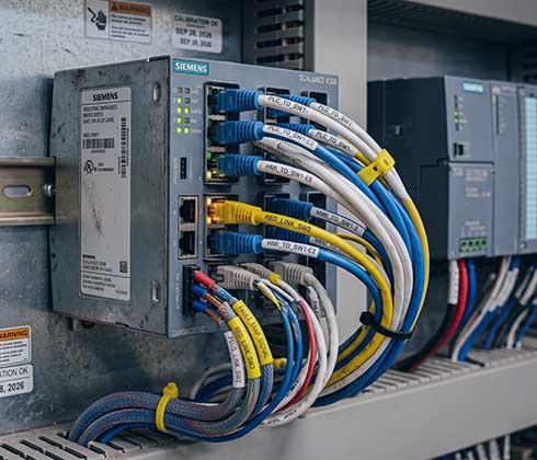 An industrial network switch and organized wiring inside a control cabinet.