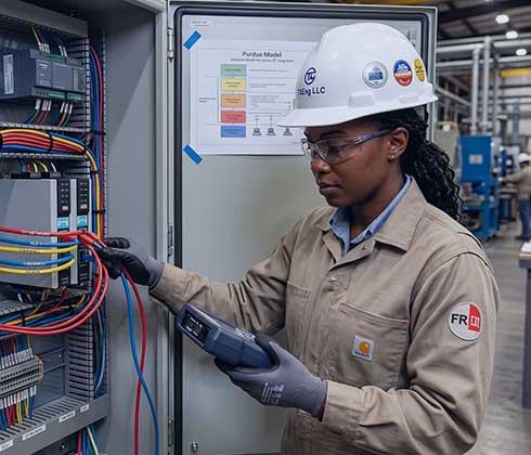 An engineer working with industrial networking or control-system equipment, with a plant environment visible.