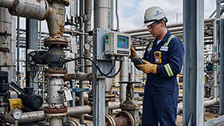 An engineer wearing appropriate plant PPE inspecting a fixed gas detector beside industrial process piping.