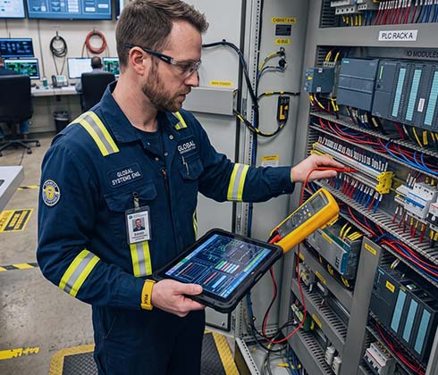male engineer checking a control cabinet or operator workstation